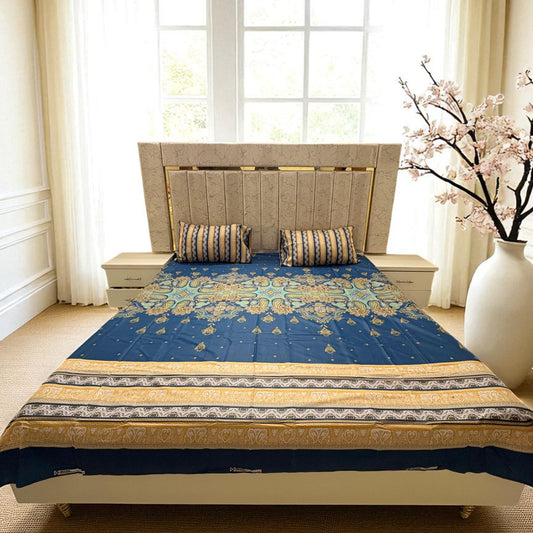 Premium Cotton 3 Pcs Bed Sheets King Size - Gold Indigo
