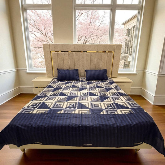 Premium Cotton 3 Pcs Bed Sheets King Size - Blue Grid