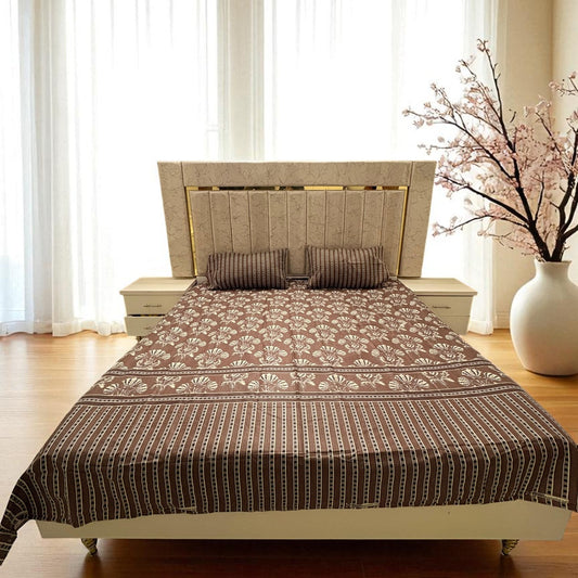 Premium Cotton 3 Pcs Bed Sheets King Size - Brown Bloom