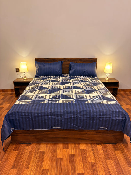 Premium Cotton Bed Sheet Grid Blue