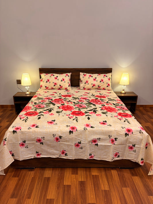 Premium Cotton Bed Sheet – Rose (Beige)