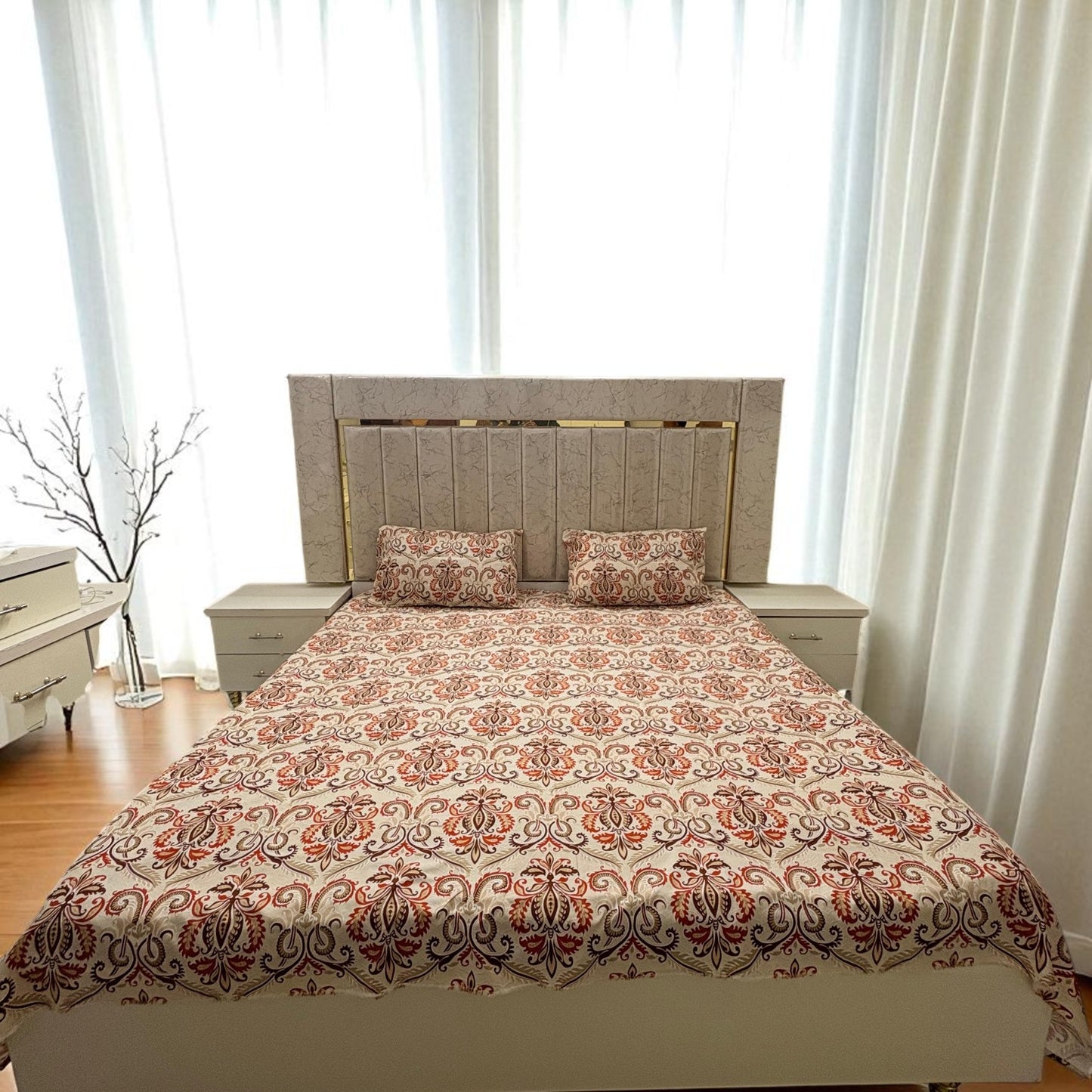 Bloomveil  3 Pcs King Size  Bed Sheet - Crimson Petal