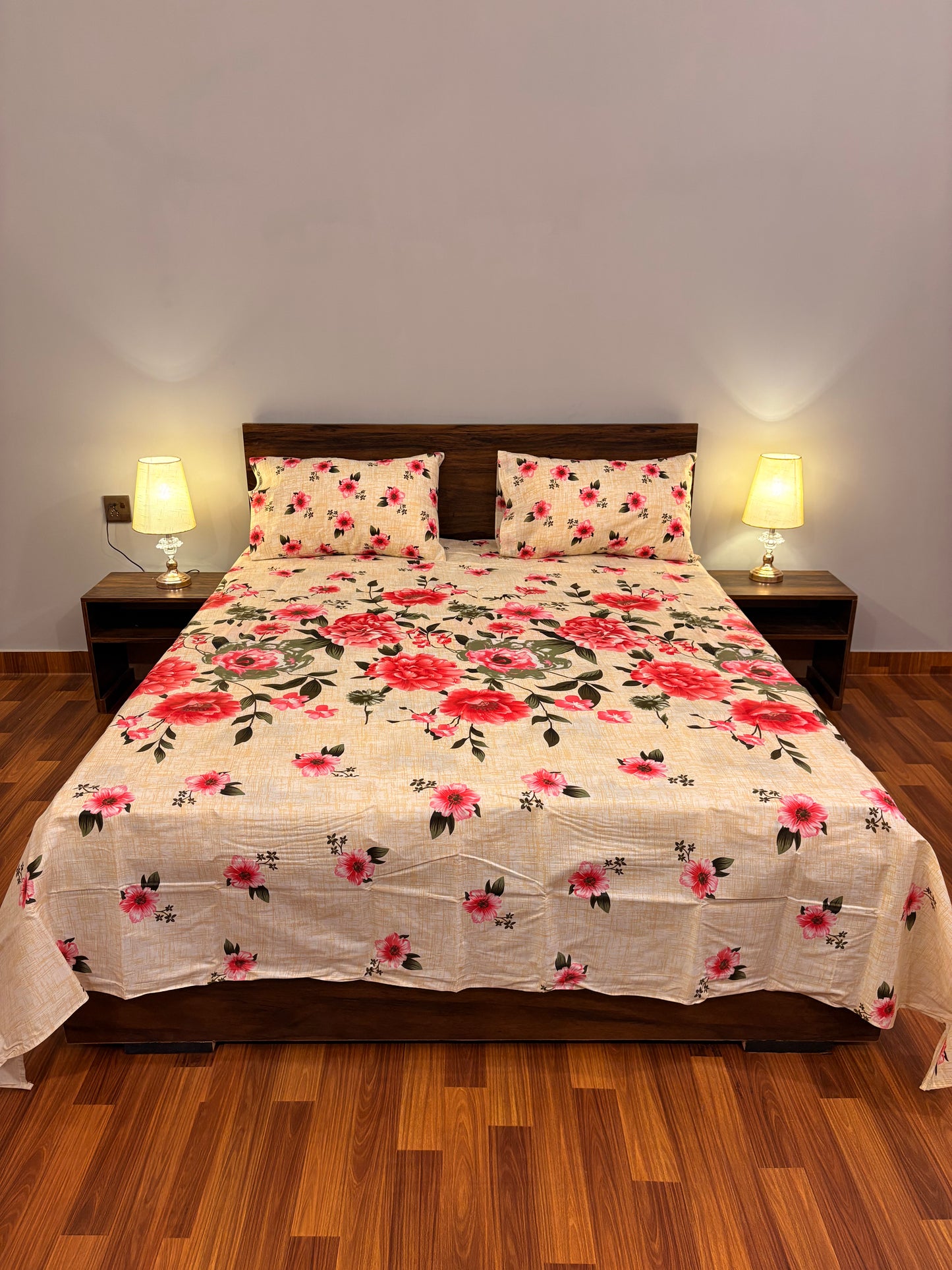 Premium Cotton Bed Sheet – Rose (Beige)