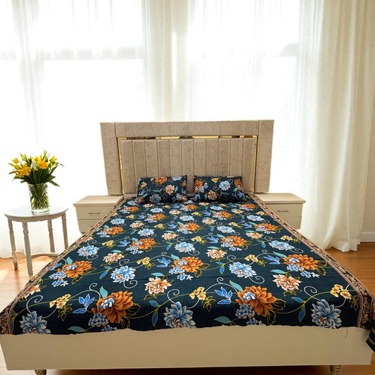 Bloomveil  3 Pcs King Size  Bed Sheet - Greenish Petal