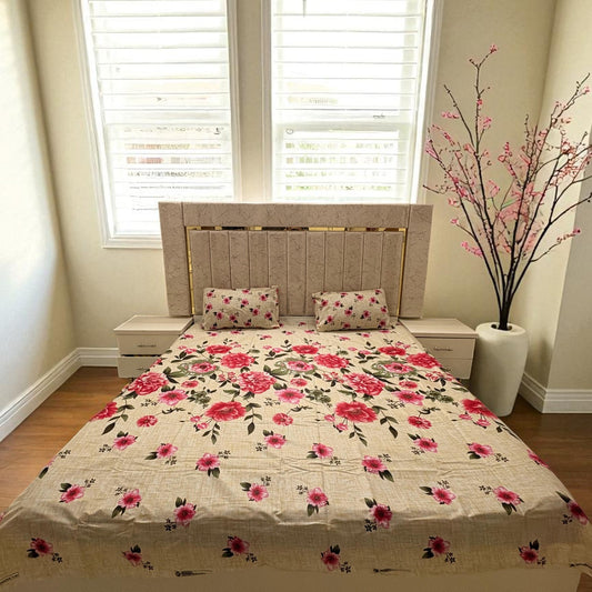 Premium Cotton 3 Pcs Bed Sheets King Size - Beige Rose