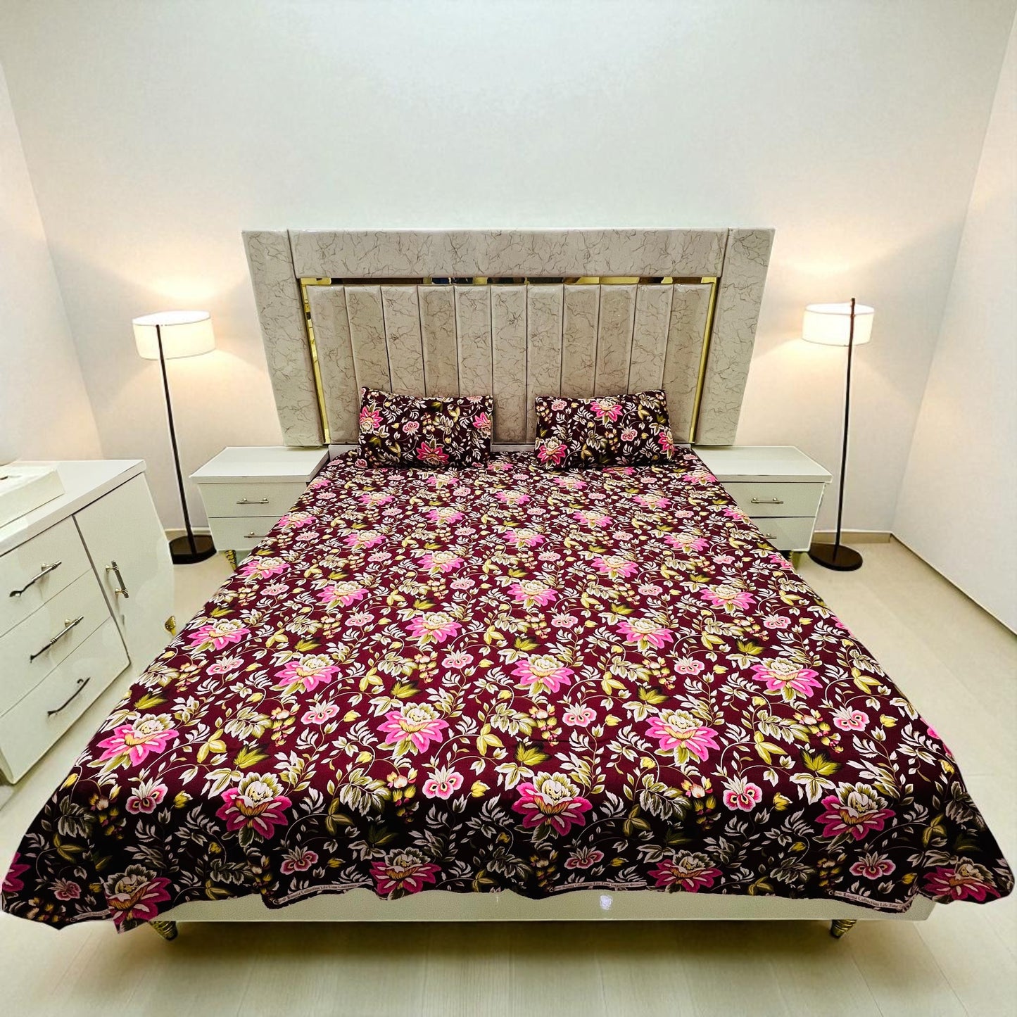 Bloomveil 3 Pcs King Size  Bed Sheet - Roselle Noir