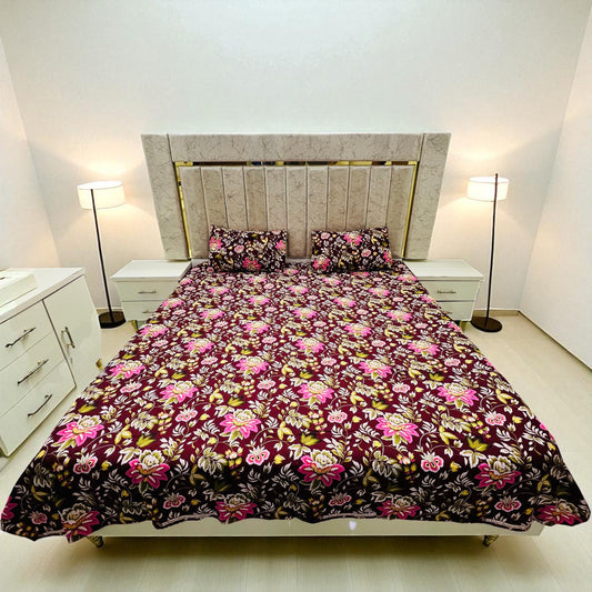 Bloomveil 3 Pcs King Size  Bed Sheet - Roselle Noir