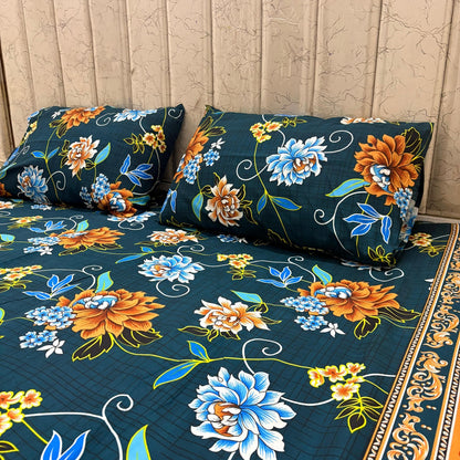 Bloomveil  3 Pcs King Size  Bed Sheet - Greenish Petal