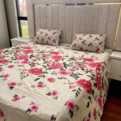 Premium Cotton 3 Pcs Bed Sheets King Size - Beige Rose