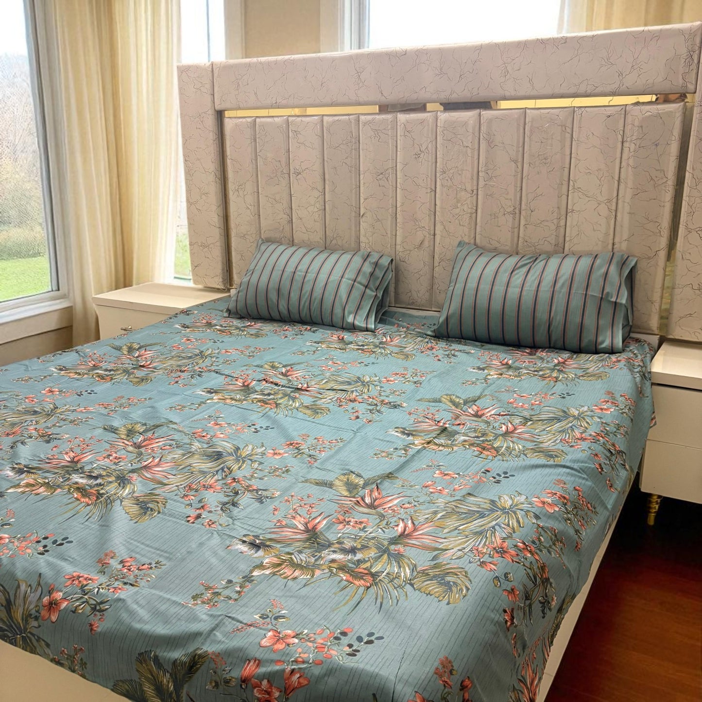Premium Cotton 3 Pcs Bed Sheets King Size - Muted Teal