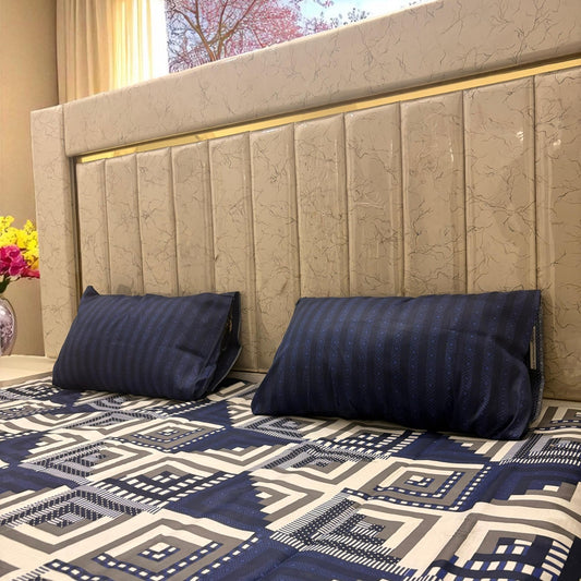 Premium Cotton 3 Pcs Bed Sheets King Size - Blue Grid