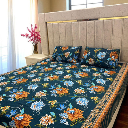 Bloomveil  3 Pcs King Size  Bed Sheet - Greenish Petal